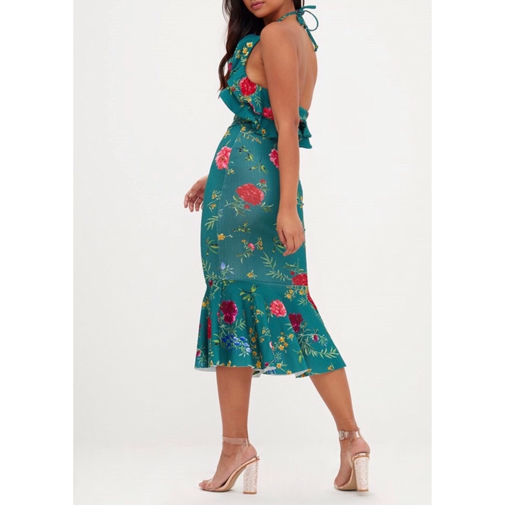 Green floral halter neck midi dress